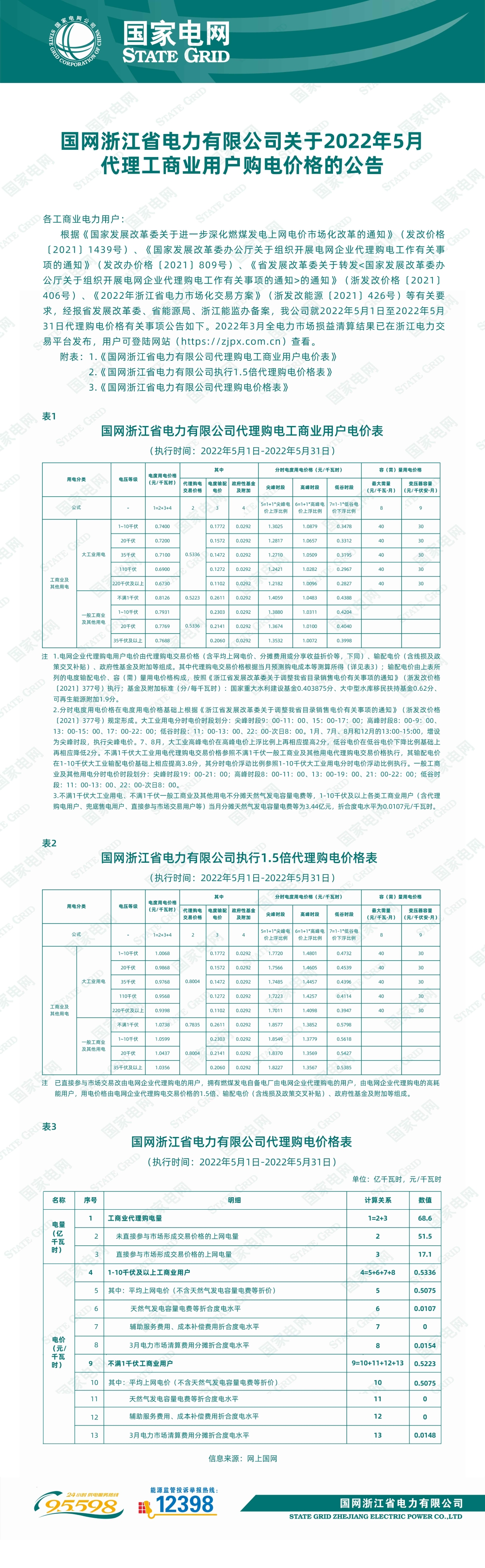 国网浙江省电力有限公司关于2022年5月代理工商业用户购电价格的公告.jpg