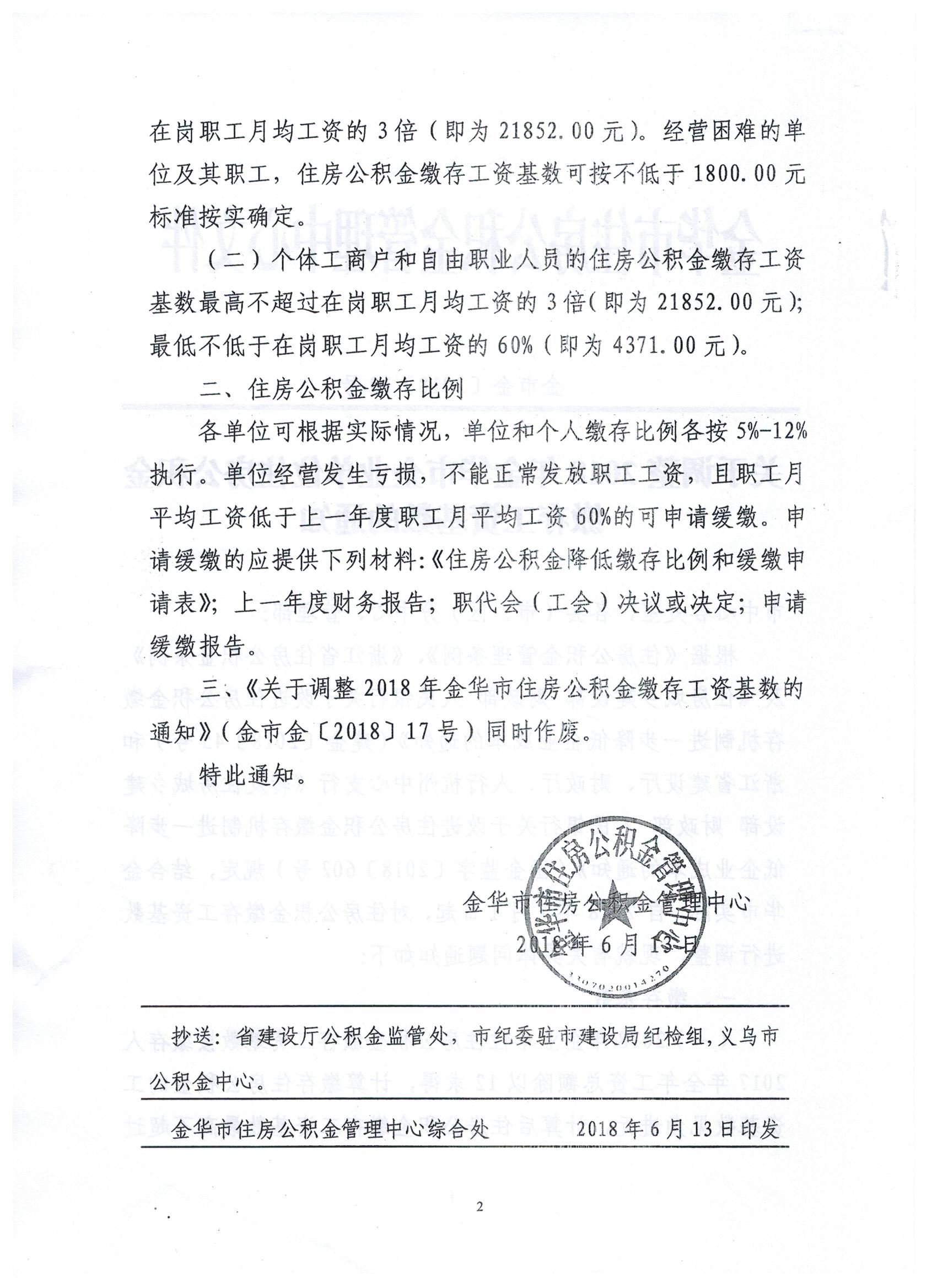 关于调整2018年度金华市企业单位住房公积金缴存工资基数的通知（金市金〔2018〕19号）
